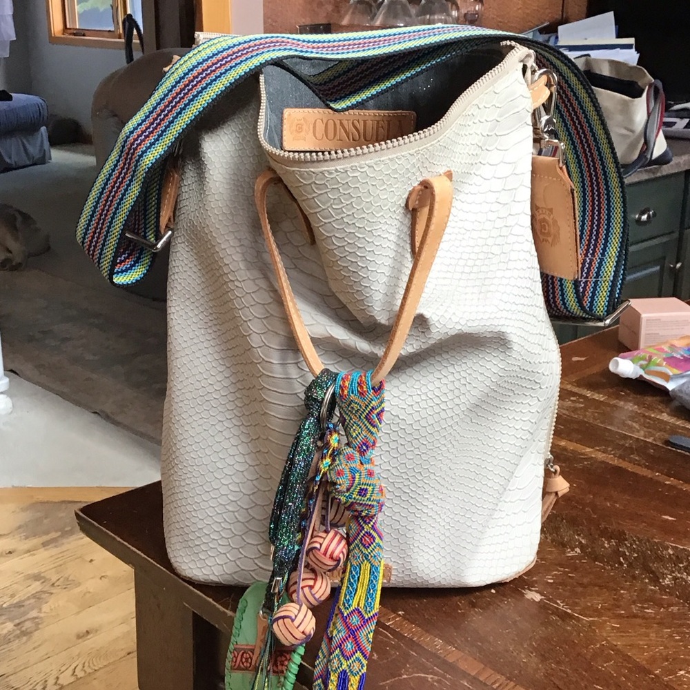 Consuela Textured White Bag with Colorful Strap